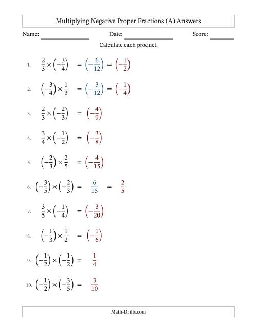 The Multiplying Negative Proper Fractions with Denominators Up to Sixths, Proper Fractions Results and Some Simplifying (Fillable) (A) Math Worksheet Page 2