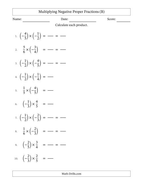 The Multiplying Negative Fractions with Denominators to Sixths (B) Math Worksheet