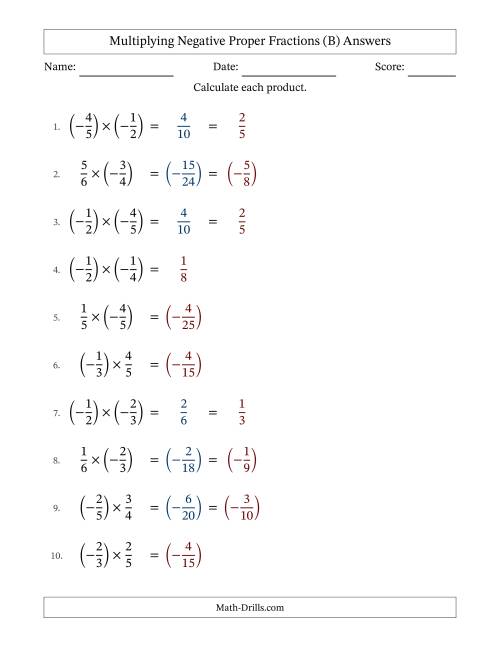 The Multiplying Negative Proper Fractions with Denominators Up to Sixths, Proper Fractions Results and Some Simplifying (Fillable) (B) Math Worksheet Page 2
