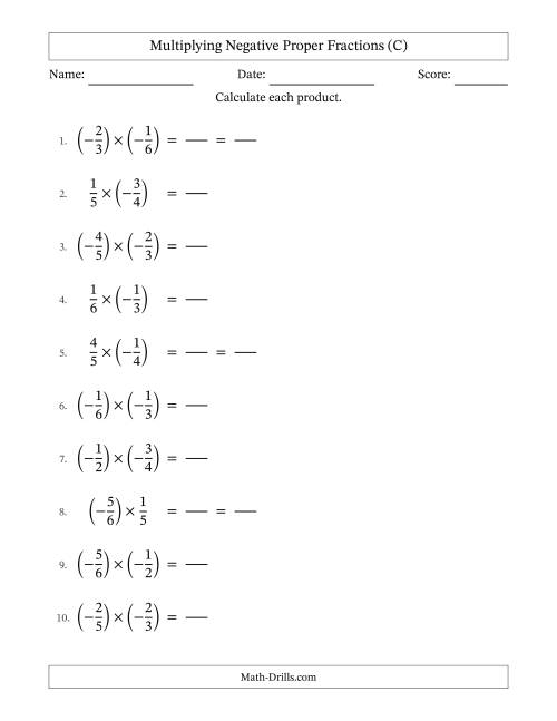 The Multiplying Negative Proper Fractions with Denominators Up to Sixths, Proper Fractions Results and Some Simplifying (Fillable) (C) Math Worksheet