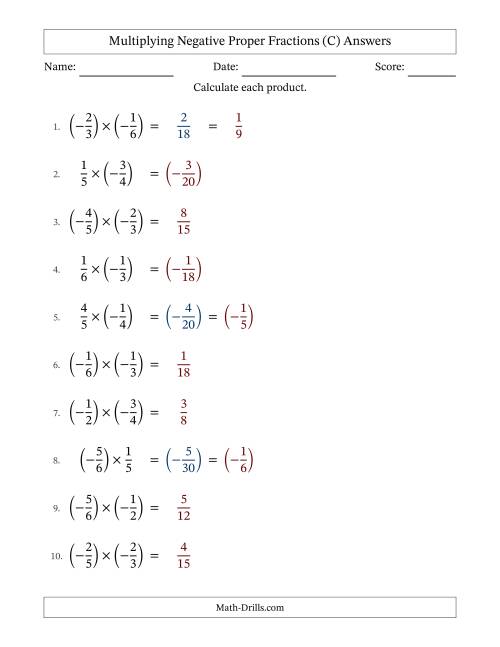 The Multiplying Negative Proper Fractions with Denominators Up to Sixths, Proper Fractions Results and Some Simplifying (Fillable) (C) Math Worksheet Page 2