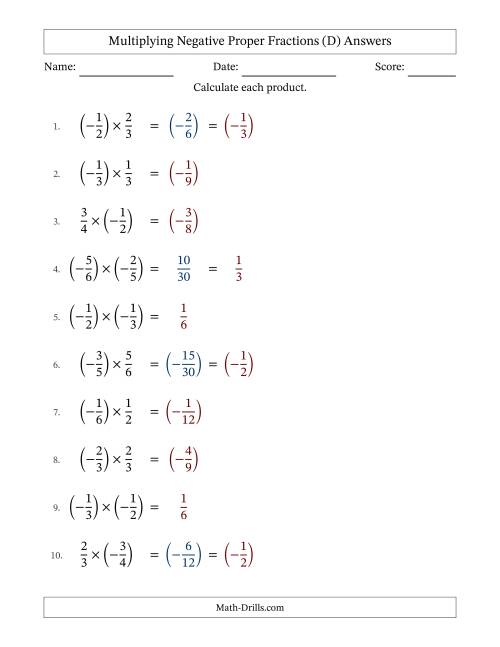 The Multiplying Negative Proper Fractions with Denominators Up to Sixths, Proper Fractions Results and Some Simplifying (Fillable) (D) Math Worksheet Page 2