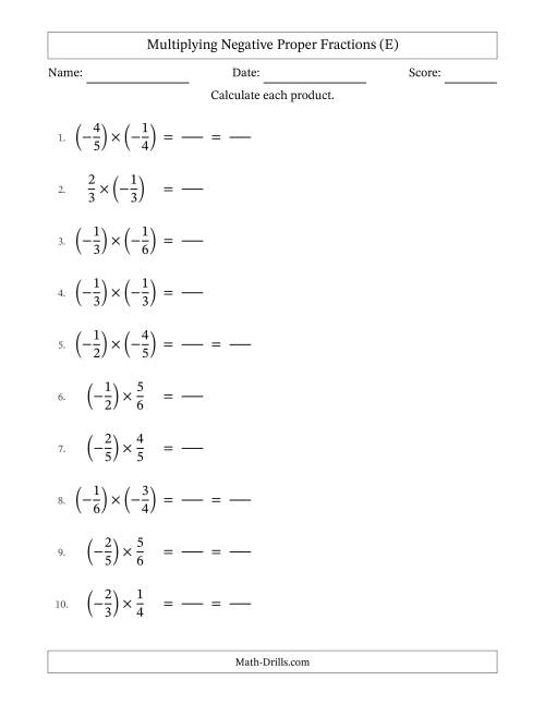 The Multiplying Negative Proper Fractions with Denominators Up to Sixths, Proper Fractions Results and Some Simplifying (Fillable) (E) Math Worksheet