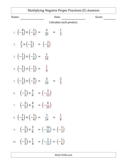 The Multiplying Negative Proper Fractions with Denominators Up to Sixths, Proper Fractions Results and Some Simplifying (Fillable) (E) Math Worksheet Page 2