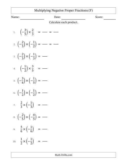 The Multiplying Negative Proper Fractions with Denominators Up to Sixths, Proper Fractions Results and Some Simplifying (Fillable) (F) Math Worksheet