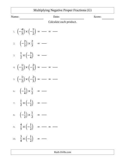 The Multiplying Negative Proper Fractions with Denominators Up to Sixths, Proper Fractions Results and Some Simplifying (Fillable) (G) Math Worksheet