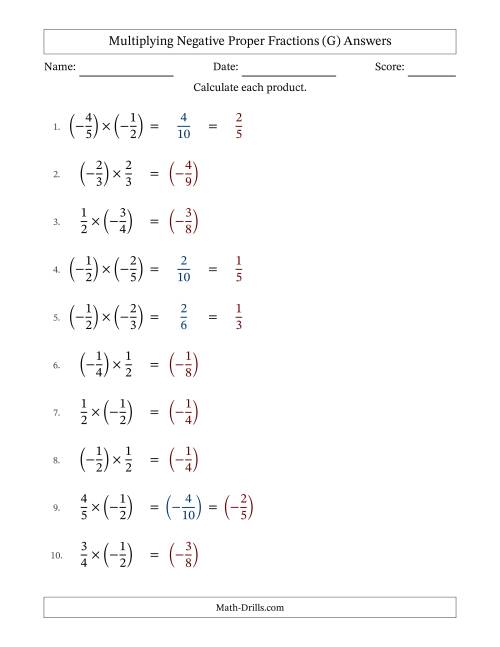 The Multiplying Negative Proper Fractions with Denominators Up to Sixths, Proper Fractions Results and Some Simplifying (Fillable) (G) Math Worksheet Page 2