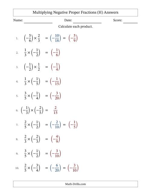 The Multiplying Negative Proper Fractions with Denominators Up to Sixths, Proper Fractions Results and Some Simplifying (Fillable) (H) Math Worksheet Page 2
