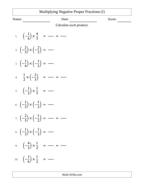 The Multiplying Negative Fractions with Denominators to Sixths (I) Math Worksheet