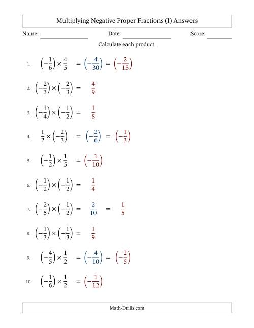 The Multiplying Negative Proper Fractions with Denominators Up to Sixths, Proper Fractions Results and Some Simplifying (Fillable) (I) Math Worksheet Page 2