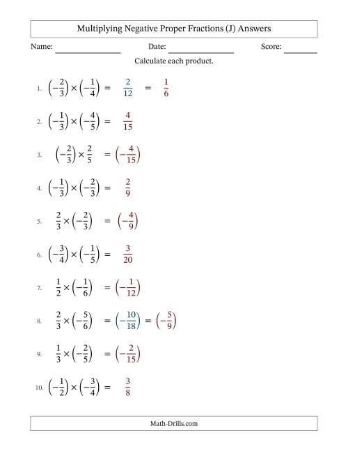 The Multiplying Negative Proper Fractions with Denominators Up to Sixths, Proper Fractions Results and Some Simplifying (Fillable) (J) Math Worksheet Page 2