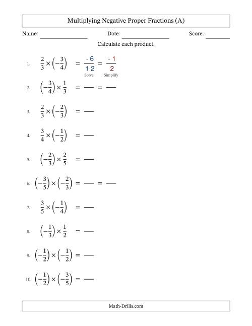The Multiplying Negative Proper Fractions with Denominators Up to Sixths, Proper Fractions Results and Some Simplifying (Fillable) (All) Math Worksheet