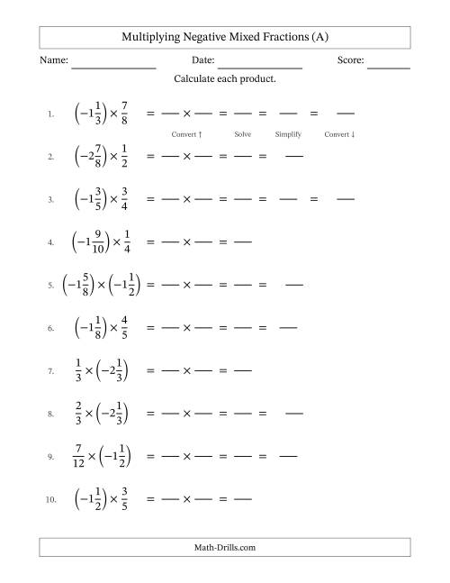 The Multiplying Negative Mixed Fractions with Denominators Up to Twelfths, Mixed Fractions Results and Some Simplifying (Fillable) (A) Math Worksheet