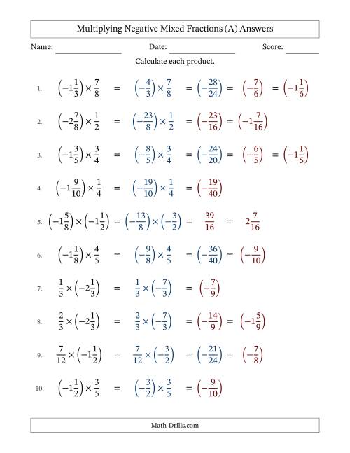 The Multiplying Negative Mixed Fractions with Denominators Up to Twelfths, Mixed Fractions Results and Some Simplifying (Fillable) (A) Math Worksheet Page 2