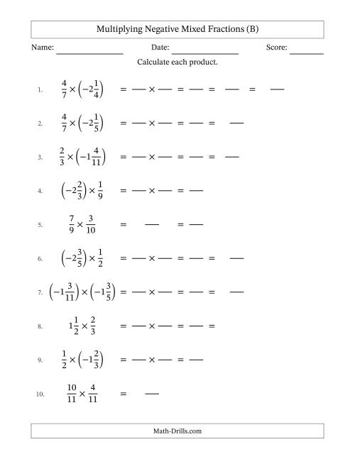 The Multiplying Negative Mixed Fractions with Denominators Up to Twelfths, Mixed Fractions Results and Some Simplifying (Fillable) (B) Math Worksheet