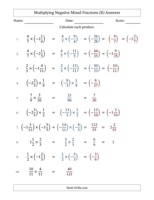 The Multiplying Negative Mixed Fractions with Denominators Up to Twelfths, Mixed Fractions Results and Some Simplifying (Fillable) (B) Math Worksheet Page 2