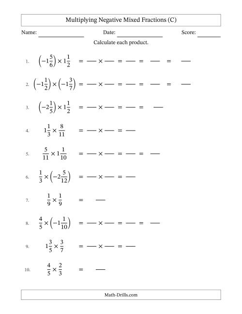 The Multiplying Negative Mixed Fractions with Denominators to Twelfths (C) Math Worksheet