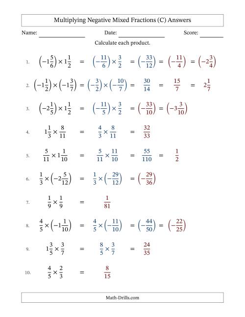 The Multiplying Negative Mixed Fractions with Denominators to Twelfths (C) Math Worksheet Page 2