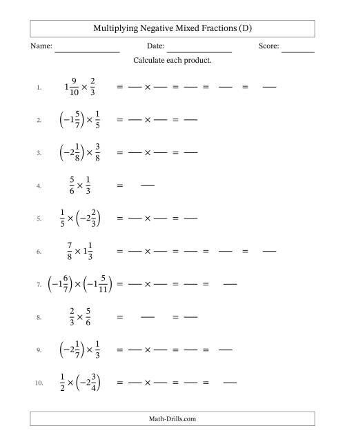 The Multiplying Negative Mixed Fractions with Denominators to Twelfths (D) Math Worksheet