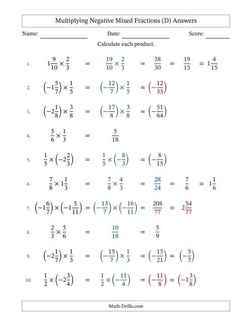 The Multiplying Negative Mixed Fractions with Denominators to Twelfths (D) Math Worksheet Page 2