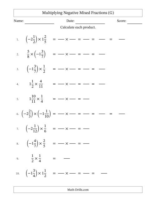 The Multiplying Negative Mixed Fractions with Denominators Up to Twelfths, Mixed Fractions Results and Some Simplifying (Fillable) (G) Math Worksheet