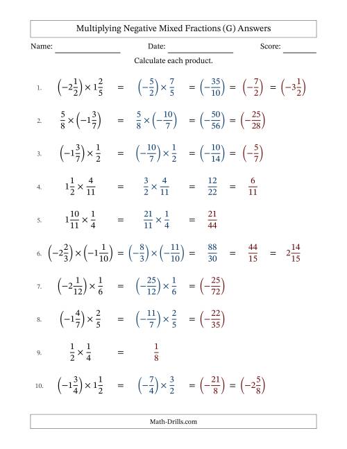The Multiplying Negative Mixed Fractions with Denominators Up to Twelfths, Mixed Fractions Results and Some Simplifying (Fillable) (G) Math Worksheet Page 2