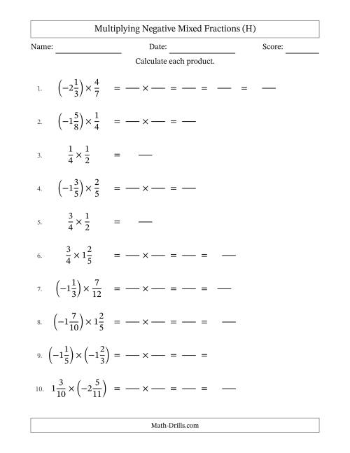The Multiplying Negative Mixed Fractions with Denominators to Twelfths (H) Math Worksheet