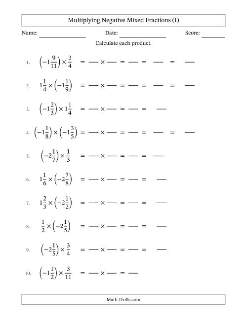 The Multiplying Negative Mixed Fractions with Denominators Up to Twelfths, Mixed Fractions Results and Some Simplifying (Fillable) (I) Math Worksheet