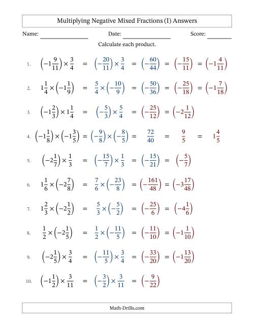 The Multiplying Negative Mixed Fractions with Denominators Up to Twelfths, Mixed Fractions Results and Some Simplifying (Fillable) (I) Math Worksheet Page 2