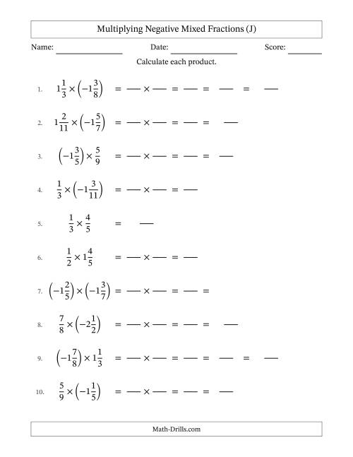 The Multiplying Negative Mixed Fractions with Denominators to Twelfths (J) Math Worksheet