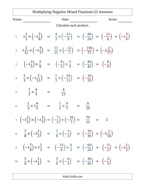 The Multiplying Negative Mixed Fractions with Denominators to Twelfths (J) Math Worksheet Page 2
