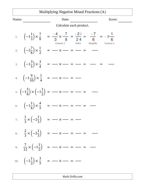 The Multiplying Negative Mixed Fractions with Denominators to Twelfths (All) Math Worksheet
