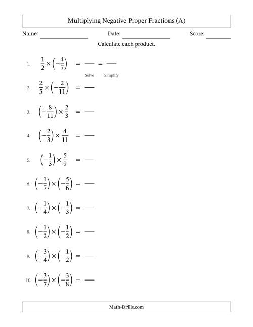 The Multiplying Negative Proper Fractions with Denominators Up to Twelfths, Proper Fractions Results and Some Simplifying (Fillable) (A) Math Worksheet