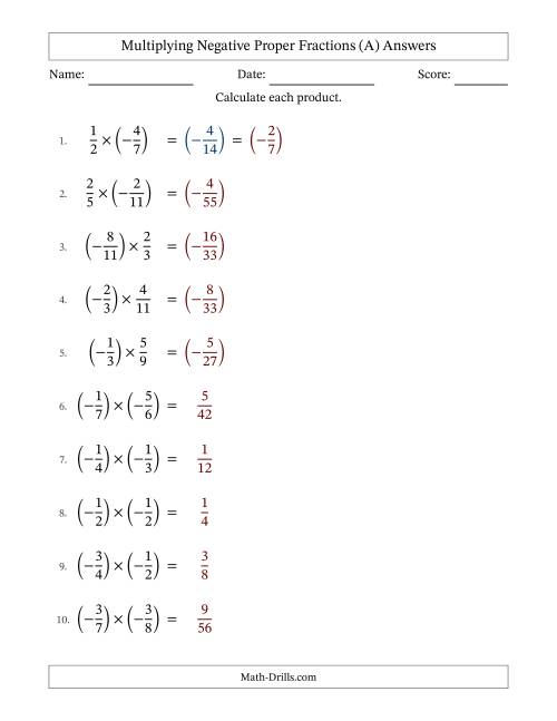 The Multiplying Negative Fractions with Denominators to Twelfths (A) Math Worksheet Page 2