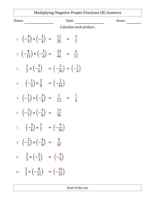 The Multiplying Negative Proper Fractions with Denominators Up to Twelfths, Proper Fractions Results and Some Simplifying (Fillable) (B) Math Worksheet Page 2