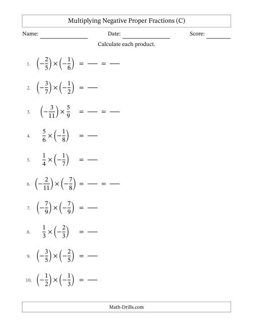 The Multiplying Negative Proper Fractions with Denominators Up to Twelfths, Proper Fractions Results and Some Simplifying (Fillable) (C) Math Worksheet