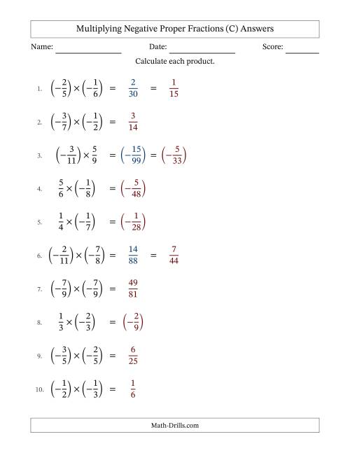 The Multiplying Negative Proper Fractions with Denominators Up to Twelfths, Proper Fractions Results and Some Simplifying (Fillable) (C) Math Worksheet Page 2