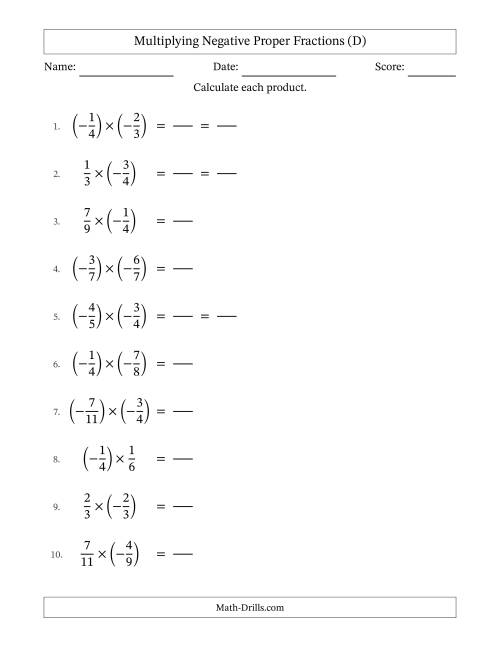 The Multiplying Negative Proper Fractions with Denominators Up to Twelfths, Proper Fractions Results and Some Simplifying (Fillable) (D) Math Worksheet