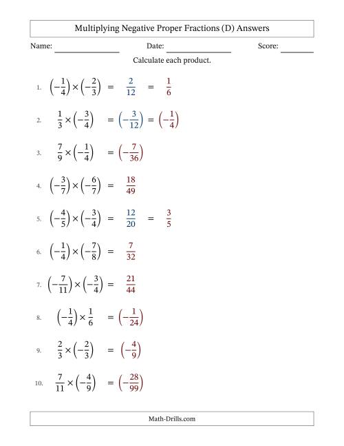 The Multiplying Negative Proper Fractions with Denominators Up to Twelfths, Proper Fractions Results and Some Simplifying (Fillable) (D) Math Worksheet Page 2