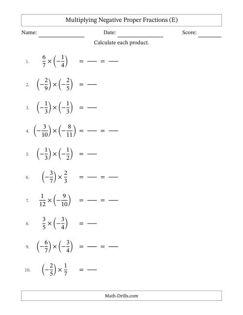 The Multiplying Negative Proper Fractions with Denominators Up to Twelfths, Proper Fractions Results and Some Simplifying (Fillable) (E) Math Worksheet