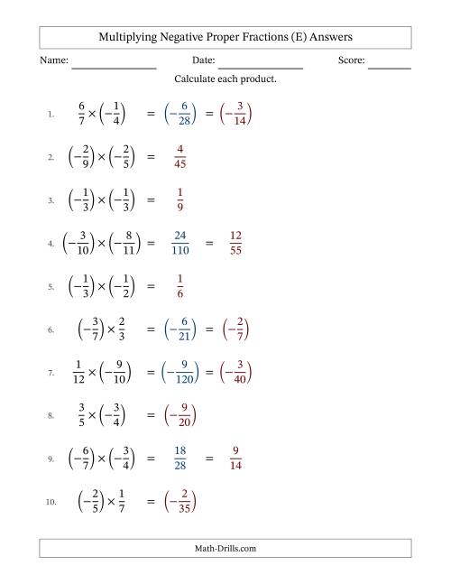 The Multiplying Negative Proper Fractions with Denominators Up to Twelfths, Proper Fractions Results and Some Simplifying (Fillable) (E) Math Worksheet Page 2