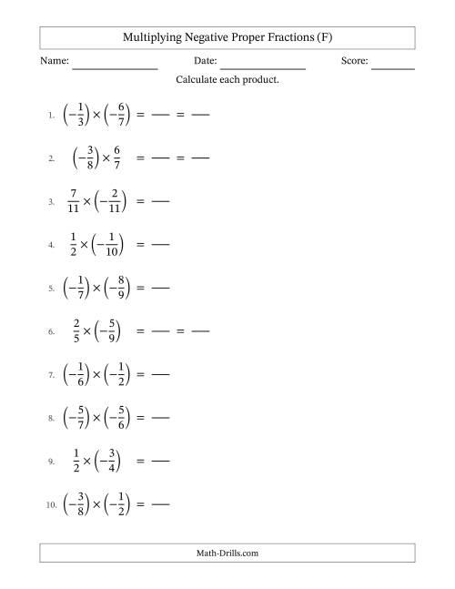The Multiplying Negative Proper Fractions with Denominators Up to Twelfths, Proper Fractions Results and Some Simplifying (Fillable) (F) Math Worksheet