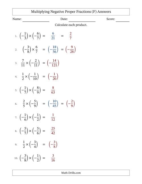 The Multiplying Negative Proper Fractions with Denominators Up to Twelfths, Proper Fractions Results and Some Simplifying (Fillable) (F) Math Worksheet Page 2