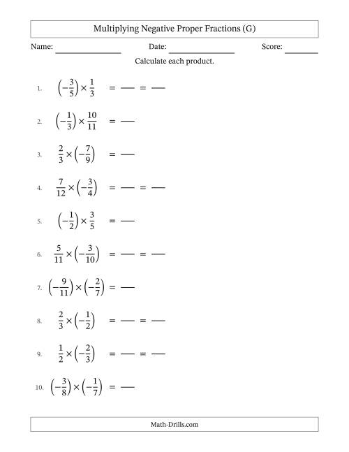 The Multiplying Negative Proper Fractions with Denominators Up to Twelfths, Proper Fractions Results and Some Simplifying (Fillable) (G) Math Worksheet