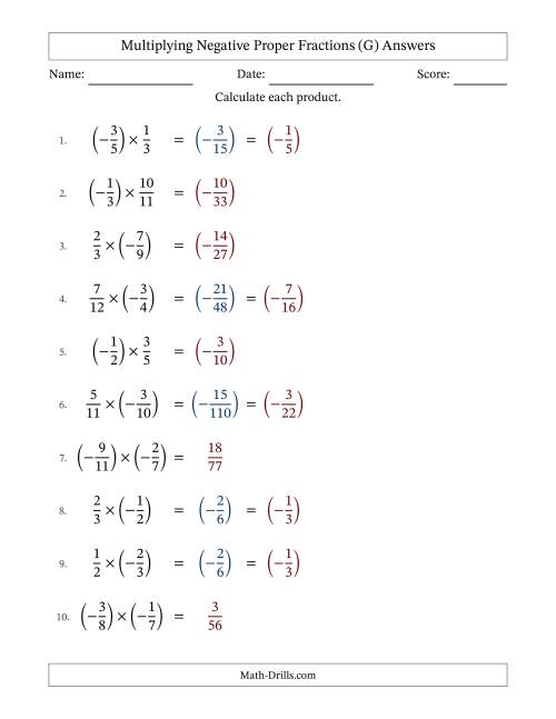 The Multiplying Negative Proper Fractions with Denominators Up to Twelfths, Proper Fractions Results and Some Simplifying (Fillable) (G) Math Worksheet Page 2