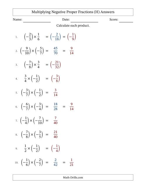 The Multiplying Negative Proper Fractions with Denominators Up to Twelfths, Proper Fractions Results and Some Simplifying (Fillable) (H) Math Worksheet Page 2