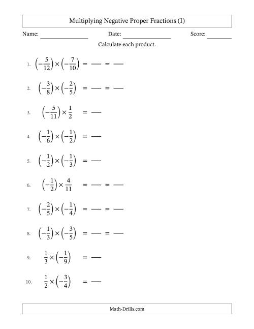 The Multiplying Negative Proper Fractions with Denominators Up to Twelfths, Proper Fractions Results and Some Simplifying (Fillable) (I) Math Worksheet