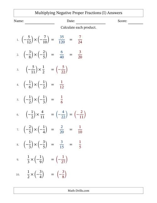 The Multiplying Negative Proper Fractions with Denominators Up to Twelfths, Proper Fractions Results and Some Simplifying (Fillable) (I) Math Worksheet Page 2