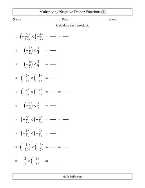 The Multiplying Negative Proper Fractions with Denominators Up to Twelfths, Proper Fractions Results and Some Simplifying (Fillable) (J) Math Worksheet