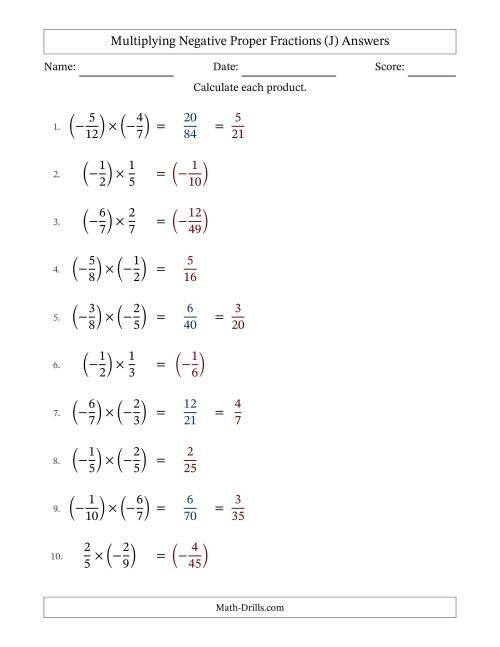 The Multiplying Negative Proper Fractions with Denominators Up to Twelfths, Proper Fractions Results and Some Simplifying (Fillable) (J) Math Worksheet Page 2